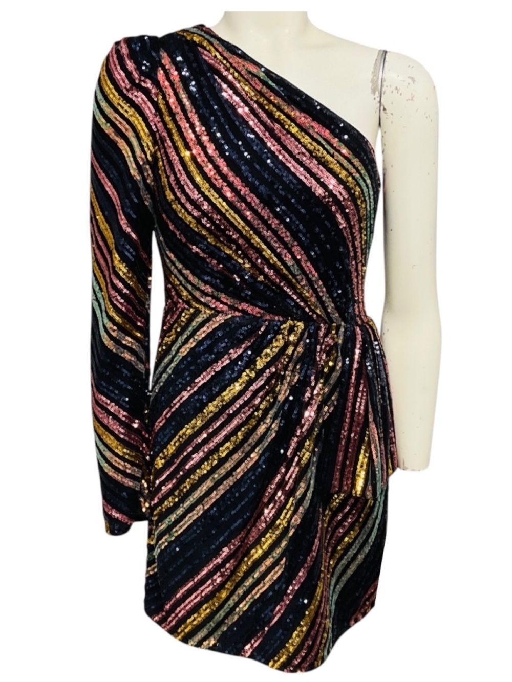 SELF-PORTRAIT BLACK MULTI STRIPE SEQUIN ASYMMETRIC MINI DRESS